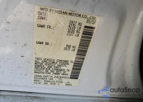 2018 Nissan Altima 2.5 из США, поврежденный, VIN 1N4AL3AP7JC269403